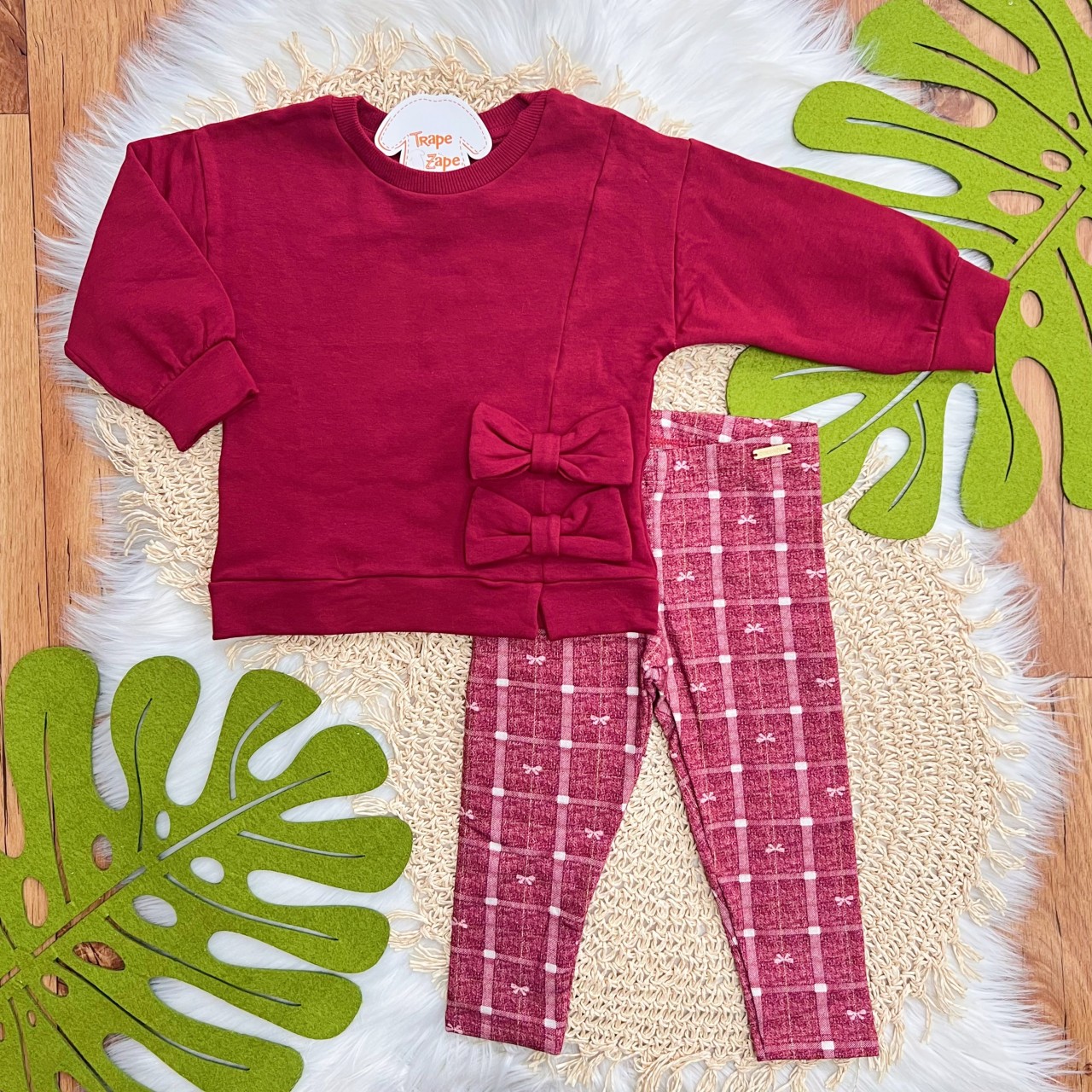 Conj. Casaco de Moletom Laços e Calça Legging - Cereja